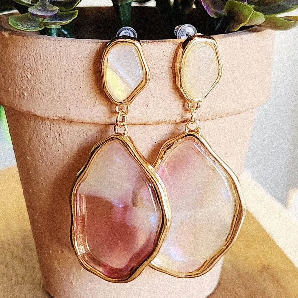 Pink Iridescent Gold Tone Organic Drop Earrings Pebble Statement Jewelry 2.25